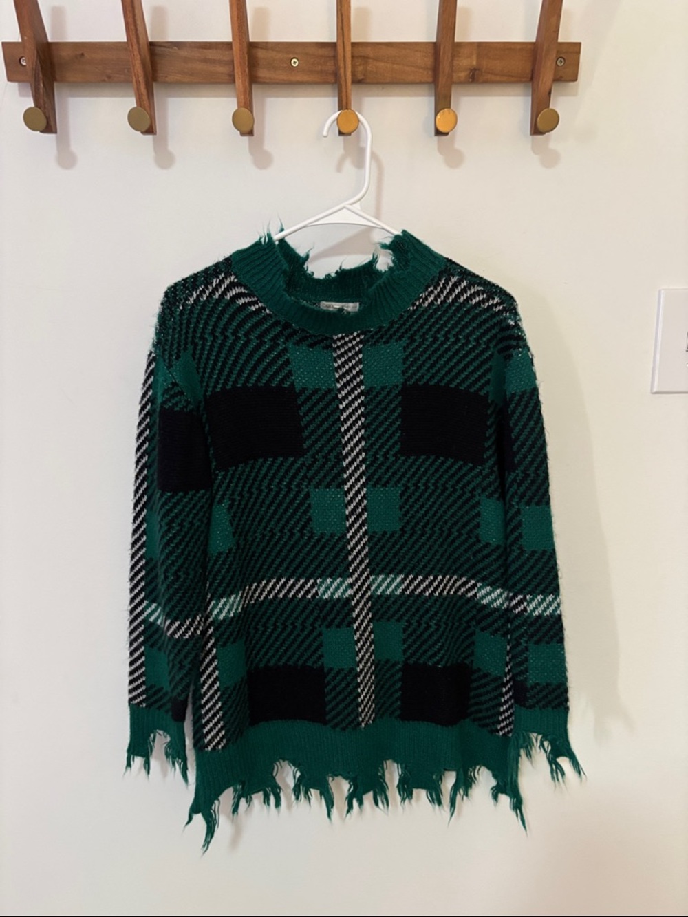 Cato Green and Black Plaid Distressed Crewneck Sweater